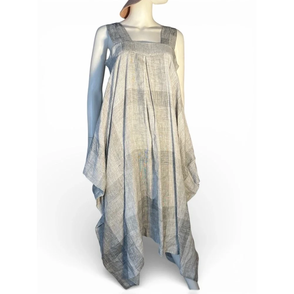 Meg Shop sleeveless box shape plaid print linen dress oversized L - Picture 2 of 11
